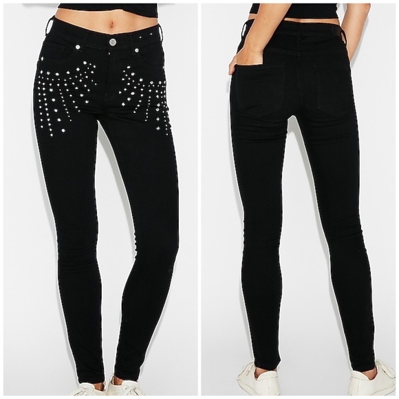 EXPRESS Black Studded High Waisted Skinny Jean Leggings - Picture 1 of 8